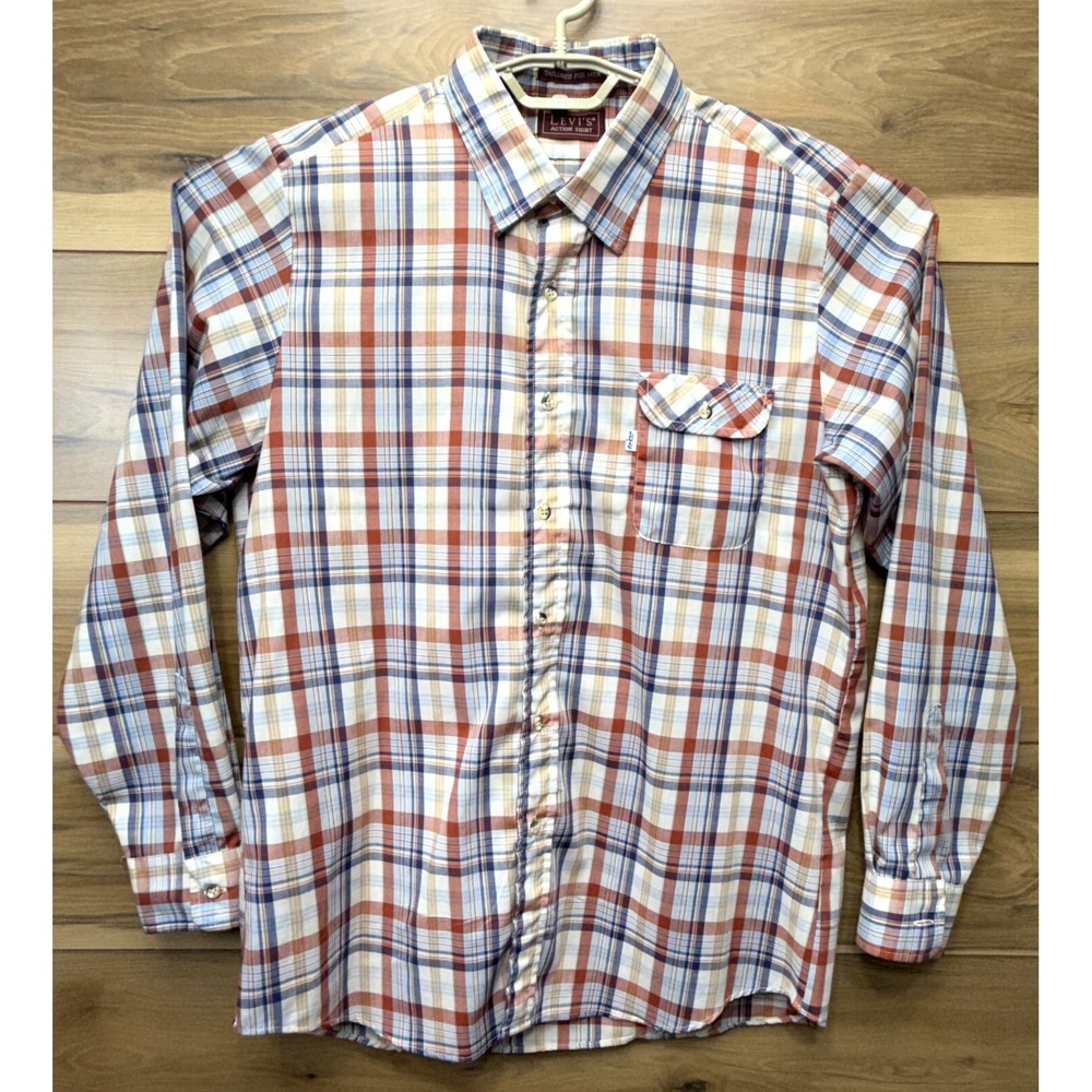 Levi's Action Shirt Men XL Multicolor Plaid Cotton Pleated Long Sleeve Button Up